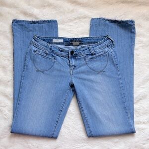 Y2K Decree low rise flare jeans with contrast stitching + frayed hem